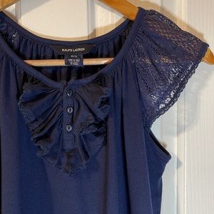 Ralph Lauren Navy Blue Knit Top Cap Lace Sleeves Size SM/7